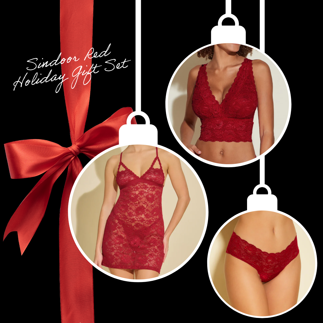 Never Say Never Holiday Gift Set: Plungie Longline Bralette, Hottie Low Rise Boyshort, Chemise & G-String Set