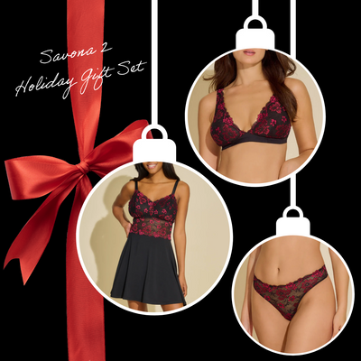 Savona 2 Holiday Gift Set: Bralette, Mid Rise Thong, Curvy Chemise & G-String Set