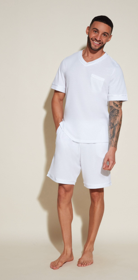 Cosabella Men's Short Sleeve Top & Shorts Pajama Set White AMORE9421