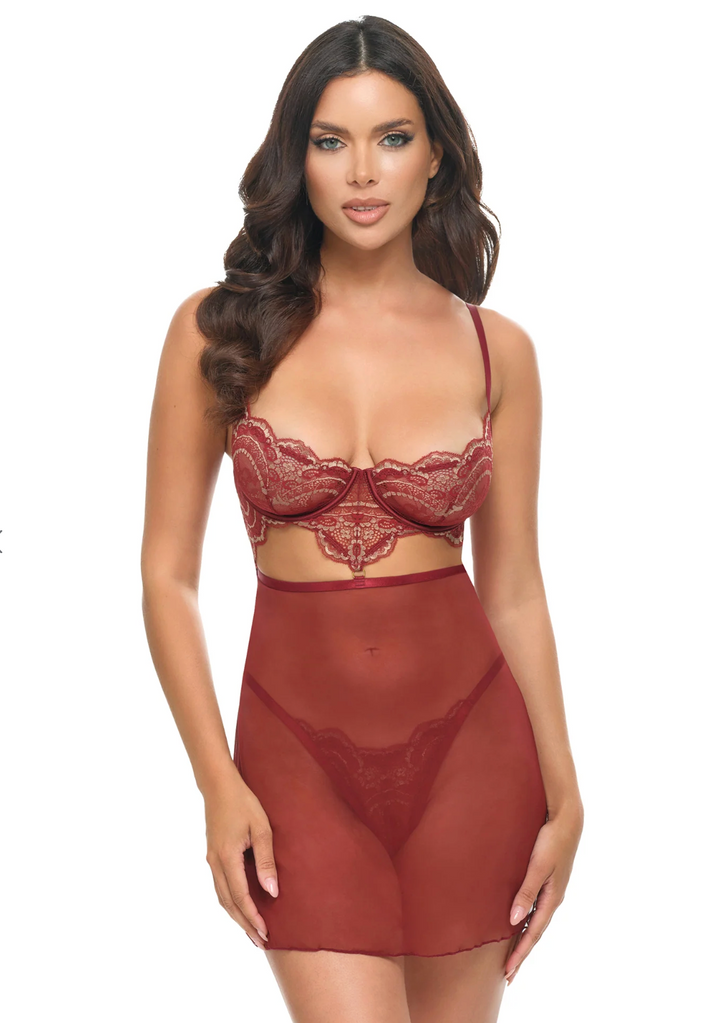 Arielle Sheer Lace Babydoll Syrah/Frosted Almond