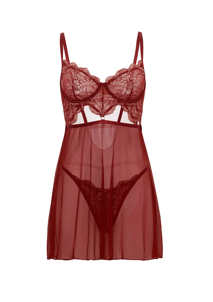 Arielle Sheer Lace Babydoll Syrah/Frosted Almond