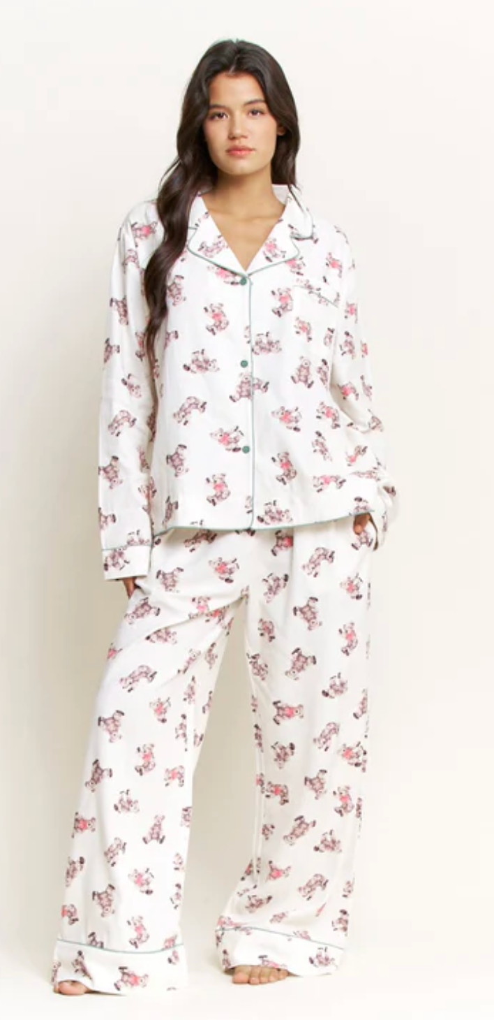 Snooze Mode Long PJ Set in Ivory Teddies