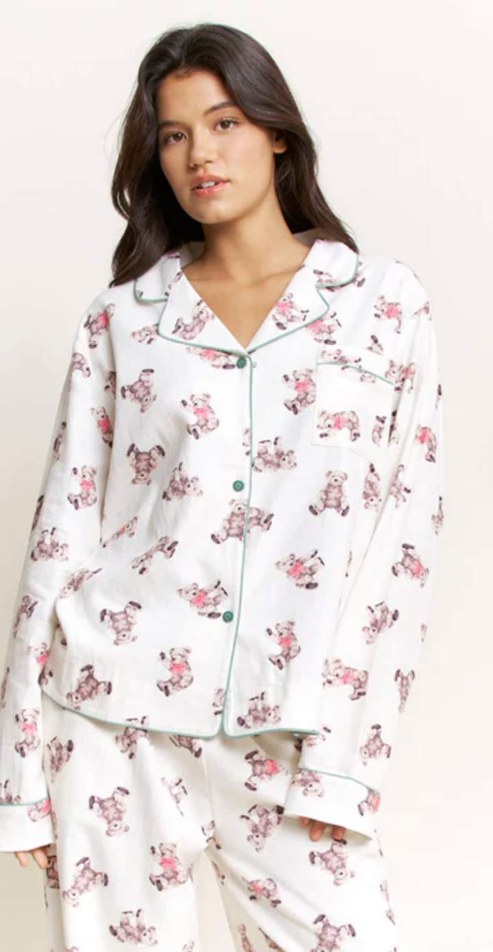 Snooze Mode Long PJ Set in Ivory Teddies