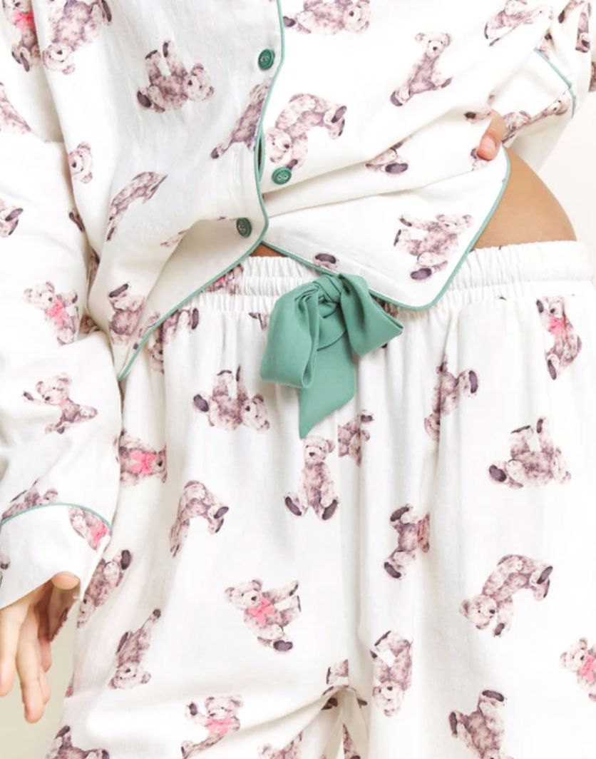 Snooze Mode Long PJ Set in Ivory Teddies