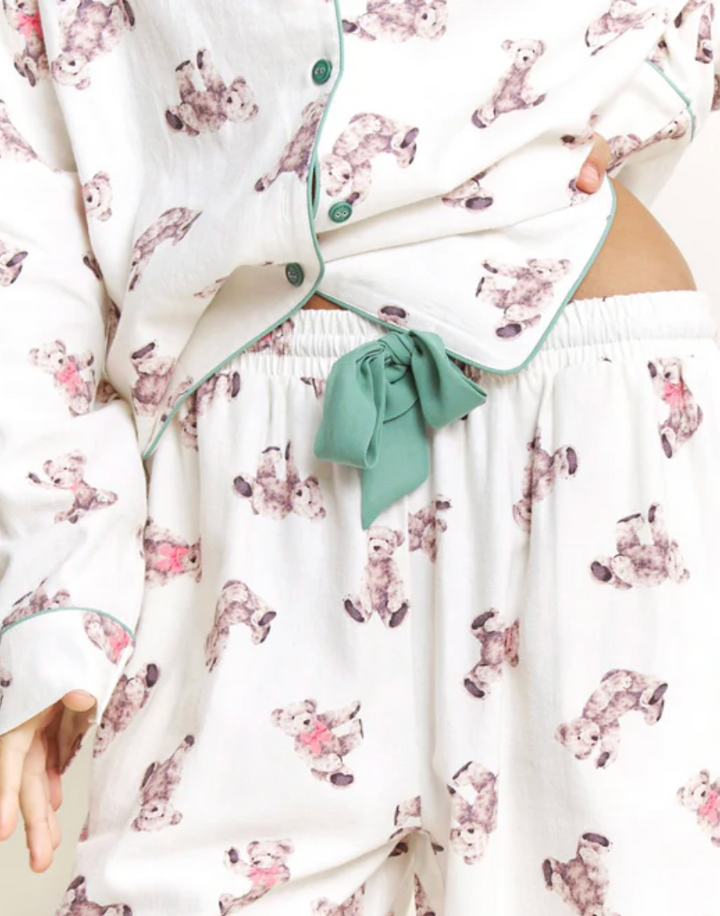 Snooze Mode Long PJ Set in Ivory Teddies