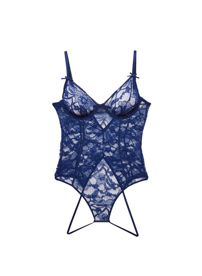 FLEUR DU MAL MAGNOLIA LACE OUVERT BODYSUIT Nighttime Blue BS0225